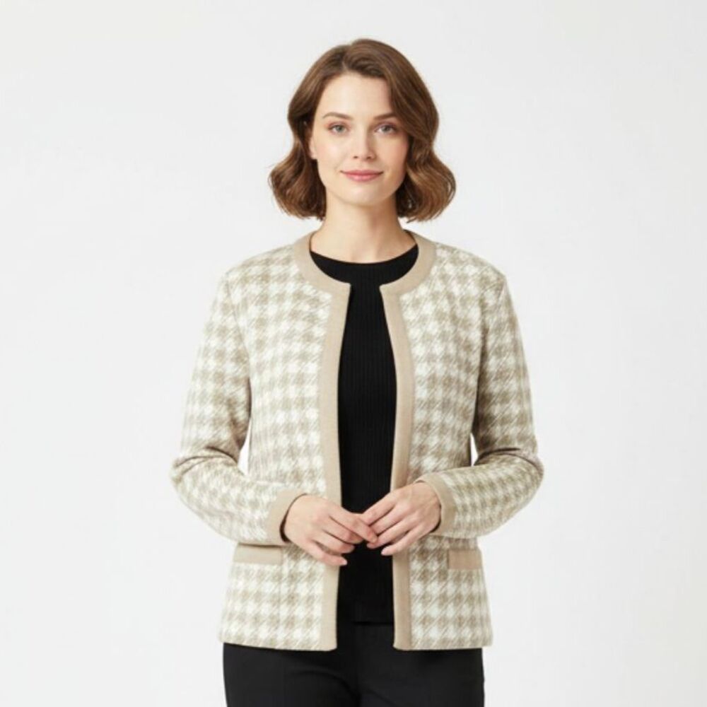 Castleberry Vintage Tan & Ivory Knit open Front Herringbone Sweater 10